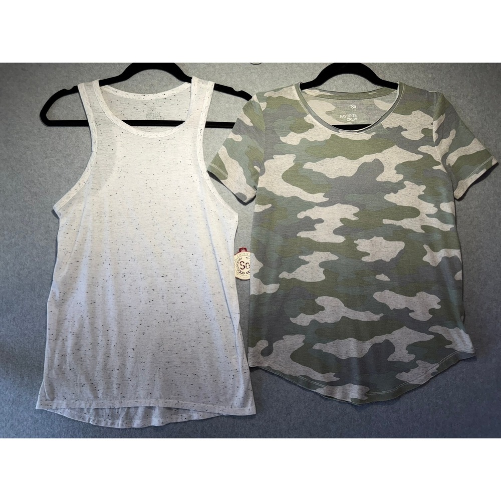 SO Women White Speckled Tank Top and Camo Crew Neck T-Shirt Bundle Set NWT
